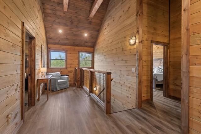 5276 Riversong Way, Sevierville, TN 37876 - corridor with wooden walls, wood finished floors, wooden ceiling, an upstairs landing, and lofted ceiling with beams