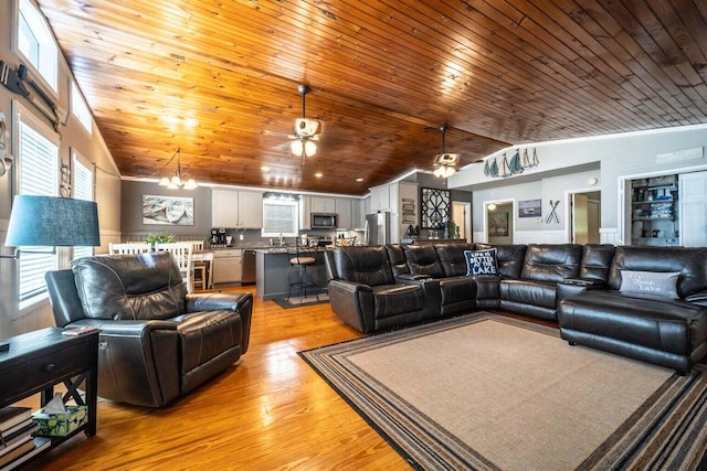 1662 Canal Ln, Dandridge, TN 37725 - living room featuring lofted ceiling, a ceiling fan, light wood-style flooring, wooden ceiling, and a chandelier