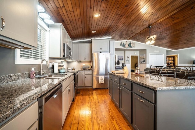 1662 Canal Ln, Dandridge, TN 37725 - kitchen featuring stainless steel appliances, lofted ceiling, light wood finished floors, an island with sink, and wood ceiling