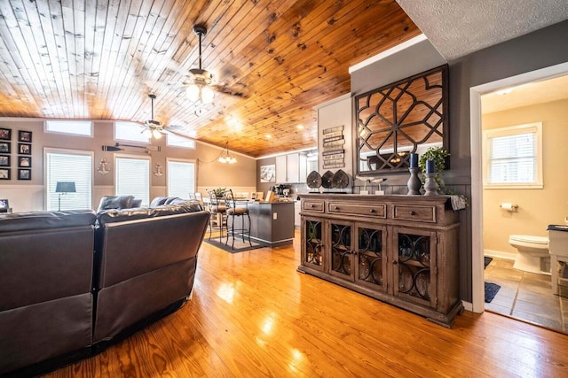 1662 Canal Ln, Dandridge, TN 37725 - living area with wooden ceiling, a ceiling fan, light wood-style flooring, and vaulted ceiling