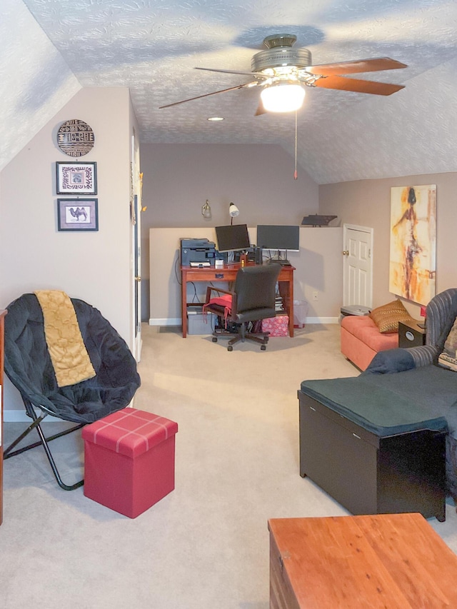 4815 Stapleton Rd, Morristown, TN 37813 - living area with a desk, vaulted ceiling, ceiling fan, a textured ceiling, and carpet