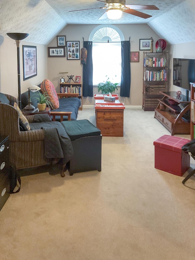 4815 Stapleton Rd, Morristown, TN 37813 - living room with carpet floors, lofted ceiling, a ceiling fan, and a textured ceiling