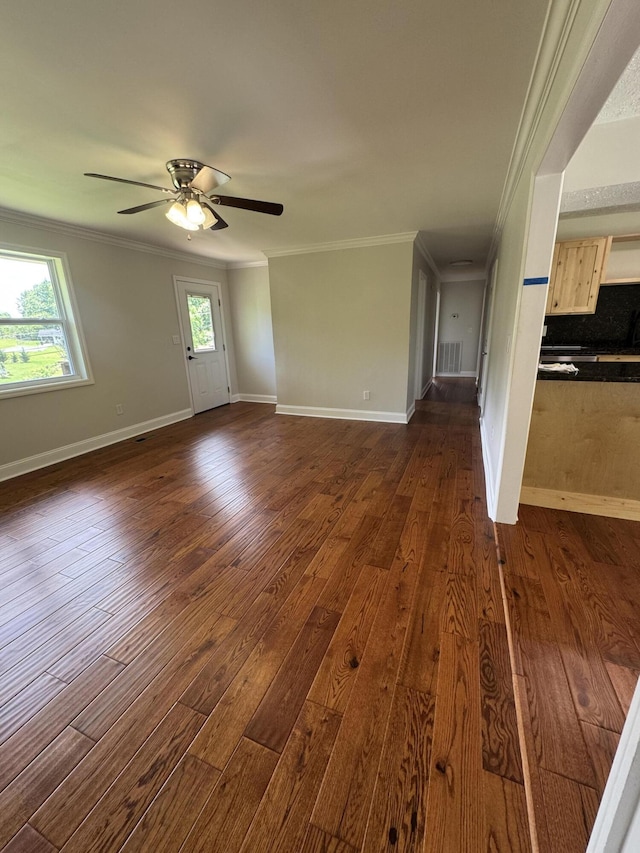 2276 White Oak Grove Rd, Morristown, TN 37813 - unfurnished living room with ornamental molding, dark wood-type flooring, a ceiling fan, and baseboards