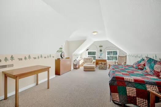 bedroom featuring lofted ceiling, carpet floors, and radiator heating unit