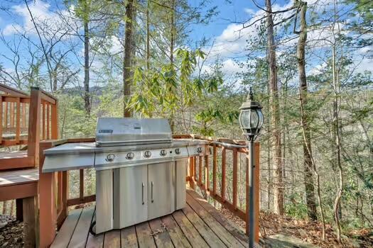 wooden terrace with area for grilling