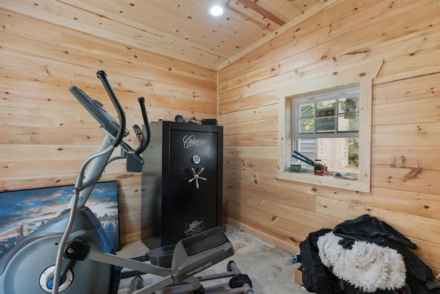 workout room with wood walls and wooden ceiling