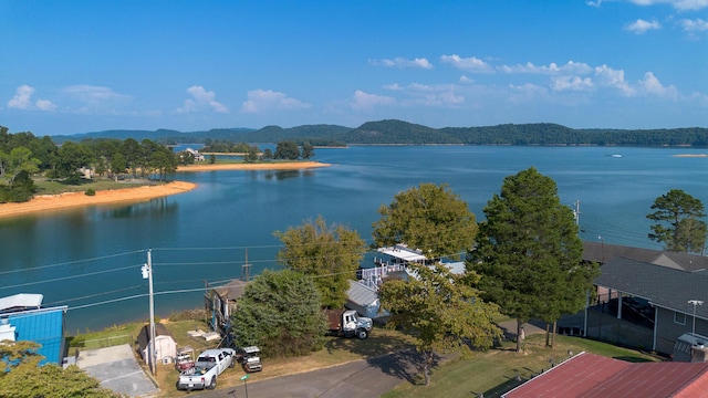 birds eye view of property with a water and mountain view