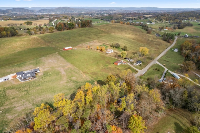 drone / aerial view with a mountain view and a rural view