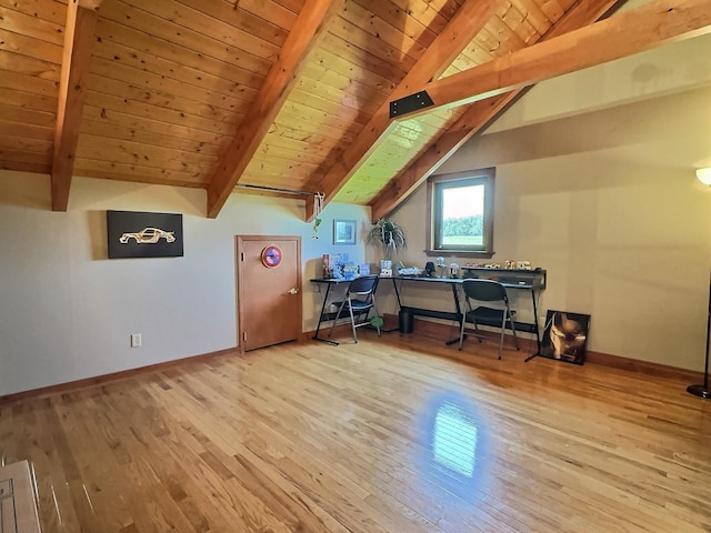 bonus room with light wood-type flooring, lofted ceiling with beams, and wooden ceiling