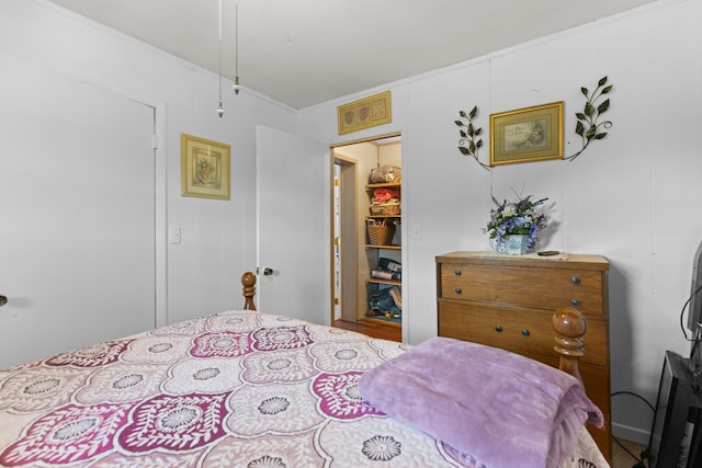 bedroom with a spacious closet, a closet, and ornamental molding