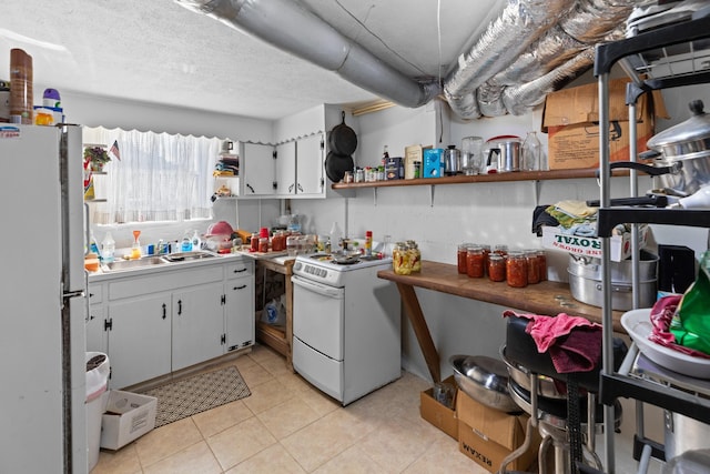 kitchen featuring a textured ceiling, white appliances, white cabinetry, and sink