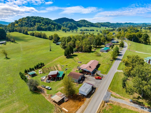 bird's eye view featuring a mountain view and a rural view