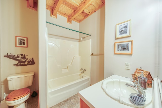 full bathroom with washtub / shower combination, vanity, toilet, wooden ceiling, and beam ceiling