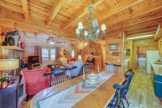 dining area with wood walls, beamed ceiling, washer / dryer, wooden ceiling, and light hardwood / wood-style flooring