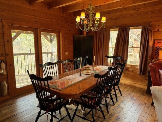 dining room featuring a notable chandelier, beam ceiling, hardwood / wood-style floors, and wood walls