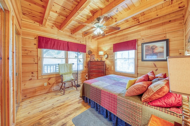 bedroom featuring hardwood / wood-style flooring, wood ceiling, beam ceiling, and wood walls