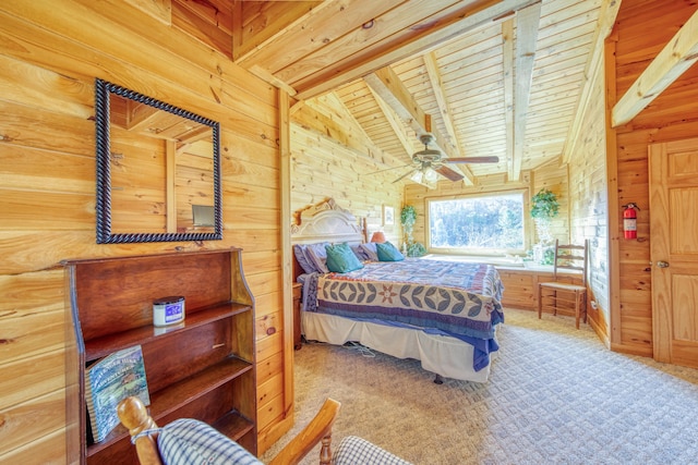 carpeted bedroom featuring wood ceiling, wooden walls, and lofted ceiling with beams