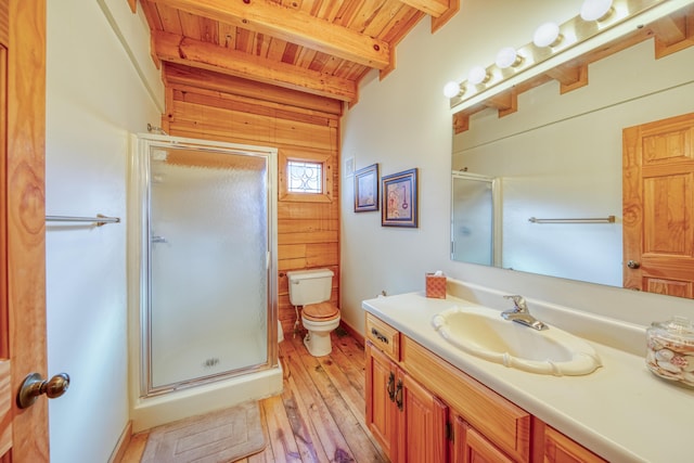 bathroom with hardwood / wood-style flooring, beam ceiling, an enclosed shower, vanity, and wooden ceiling