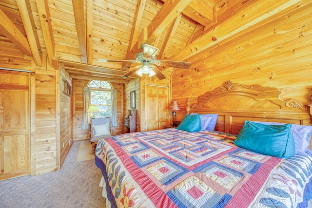 bedroom featuring wood ceiling, vaulted ceiling with beams, carpet flooring, and wood walls