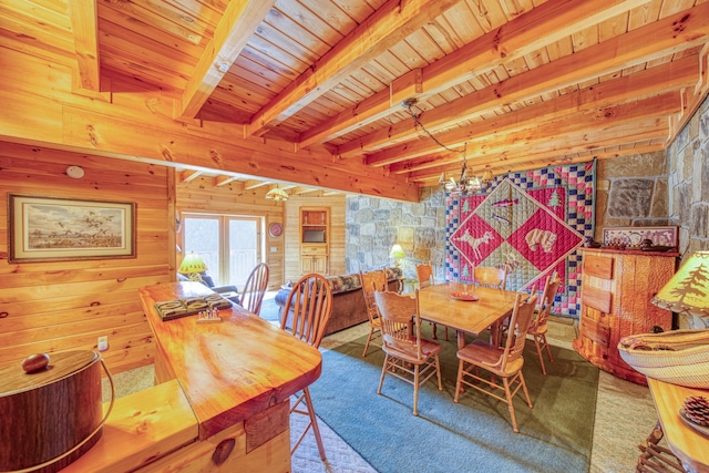 dining area with a notable chandelier, wood ceiling, wooden walls, and beamed ceiling