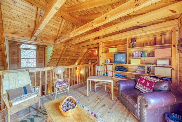 living room featuring wood ceiling, wood-type flooring, wooden walls, and vaulted ceiling with beams