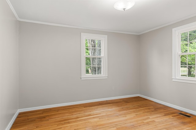 spare room with ornamental molding, light hardwood / wood-style floors, and a healthy amount of sunlight