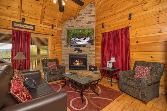 2040 Cougar Crossing Way, Sevierville, TN 37862 - living area featuring wooden walls, wood ceiling, wood-type flooring, a fireplace, and beam ceiling