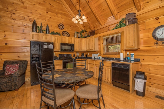 2040 Cougar Crossing Way, Sevierville, TN 37862 - kitchen with dark countertops, light wood-style flooring, wood walls, wooden ceiling, and black appliances