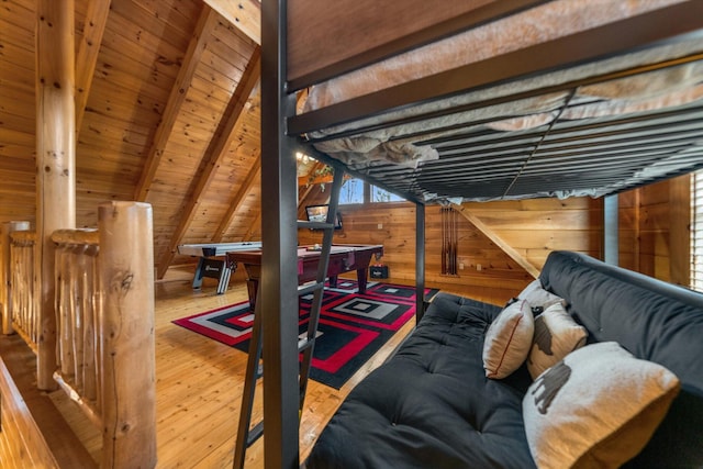 2040 Cougar Crossing Way, Sevierville, TN 37862 - living room featuring lofted ceiling with beams, wooden walls, billiards, wood ceiling, and wood-type flooring