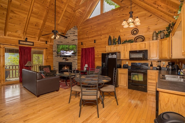 2040 Cougar Crossing Way, Sevierville, TN 37862 - kitchen with light wood finished floors, wood ceiling, wood walls, black appliances, and a sink