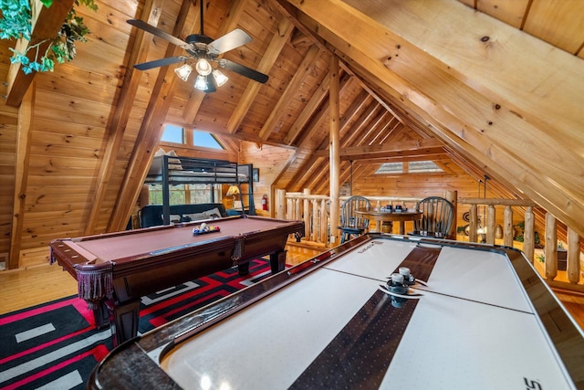 2040 Cougar Crossing Way, Sevierville, TN 37862 - playroom featuring lofted ceiling with beams, wooden ceiling, wood finished floors, pool table, and wood walls