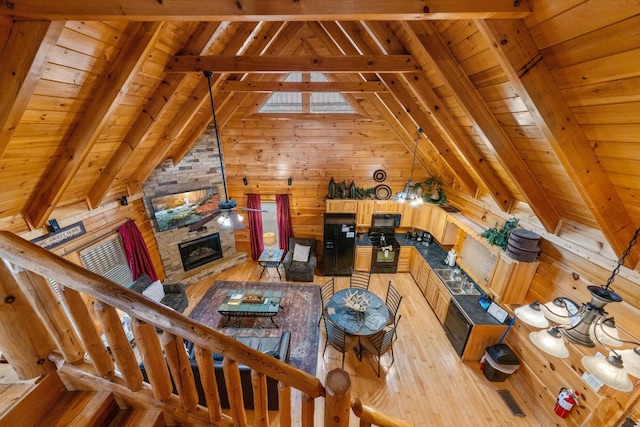 2040 Cougar Crossing Way, Sevierville, TN 37862 - living room featuring visible vents, light wood-style floors, lofted ceiling with beams, wood ceiling, and wood walls