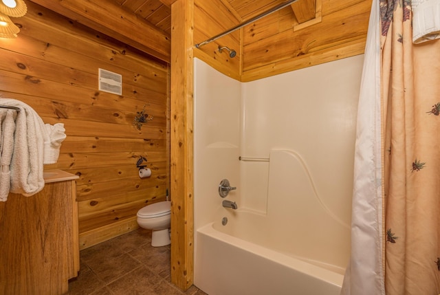 2040 Cougar Crossing Way, Sevierville, TN 37862 - full bathroom featuring toilet, tile patterned floors, shower / bath combination with curtain, vanity, and wood walls