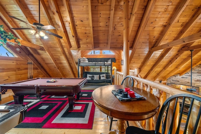 2040 Cougar Crossing Way, Sevierville, TN 37862 - playroom with wood ceiling, pool table, vaulted ceiling with beams, and wood walls