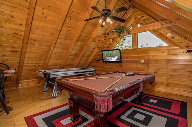 2040 Cougar Crossing Way, Sevierville, TN 37862 - game room featuring vaulted ceiling with beams, pool table, light wood-style floors, wood ceiling, and wood walls