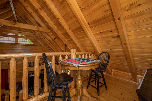 2040 Cougar Crossing Way, Sevierville, TN 37862 - dining area featuring wood ceiling, lofted ceiling with beams, and hardwood / wood-style floors