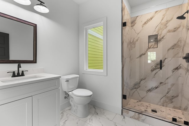 274A W Main St, Dandridge, TN 37725 - bathroom with marble look tiles, vanity, a marble finish shower, toilet, and baseboards