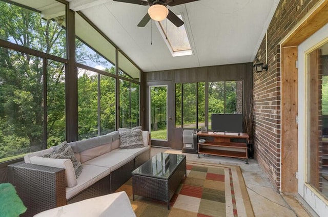 591 Phyllis Cir, Talbott, TN 37877 - sunroom / solarium featuring a ceiling fan, a skylight, an outdoor hangout area, and lofted ceiling