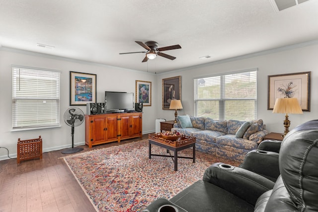 2909 Nicole Cir, Morristown, TN 37814 - living room featuring ceiling fan, crown molding, baseboards, and hardwood / wood-style flooring