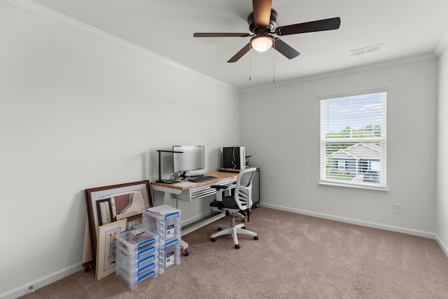 2909 Nicole Cir, Morristown, TN 37814 - home office featuring ornamental molding, carpet flooring, baseboards, and a ceiling fan