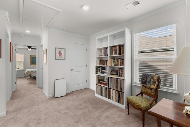2909 Nicole Cir, Morristown, TN 37814 - living area with attic access, crown molding, light carpet, baseboards, and recessed lighting