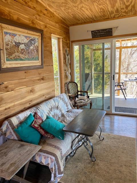 interior space featuring wood walls, wood ceiling, and wood finished floors