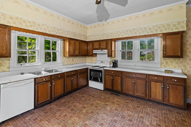 115 E Meeting St, Dandridge, TN 37725 - kitchen with white appliances, a sink, brick patterned flooring, under cabinet range hood, and wallpapered walls