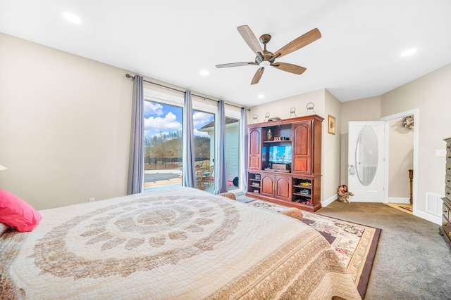 bedroom featuring carpet flooring, access to exterior, and ceiling fan
