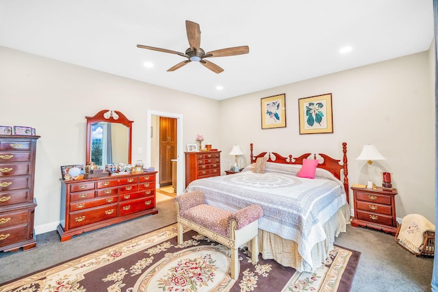 carpeted bedroom featuring ceiling fan
