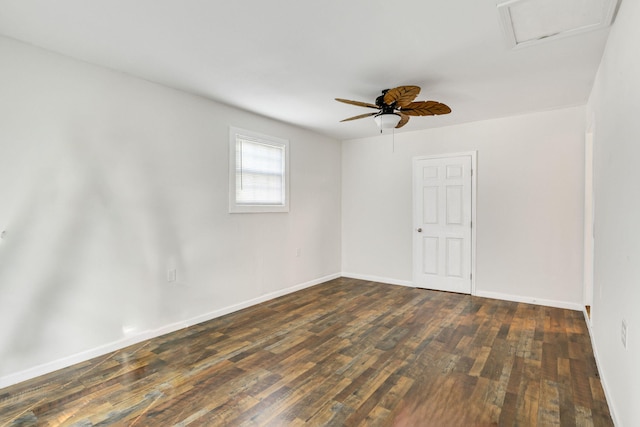 unfurnished room with dark hardwood / wood-style floors and ceiling fan