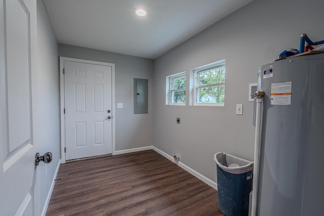 laundry room featuring electric panel, washer hookup, water heater, hookup for an electric dryer, and dark hardwood / wood-style flooring