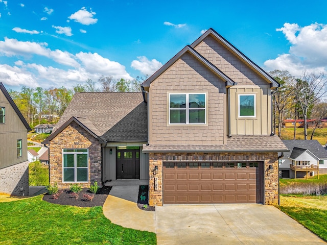 craftsman house with board and batten siding, a shingled roof, stone siding, and a garage