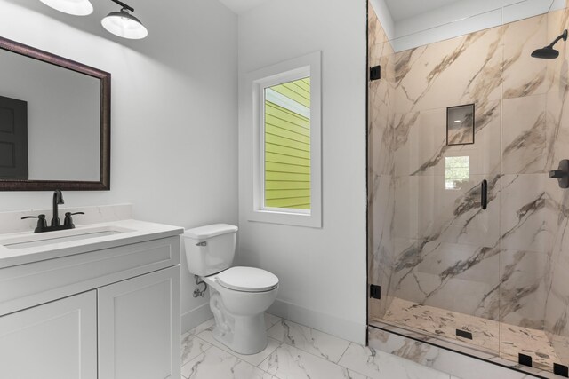 270A W Main St, Dandridge, TN 37725 - full bath featuring marble look tiles, vanity, baseboards, a marble finish shower, and toilet