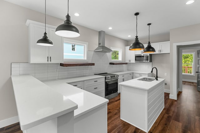 270A W Main St, Dandridge, TN 37725 - kitchen with stainless steel appliances, wall chimney exhaust hood, a sink, a peninsula, and backsplash